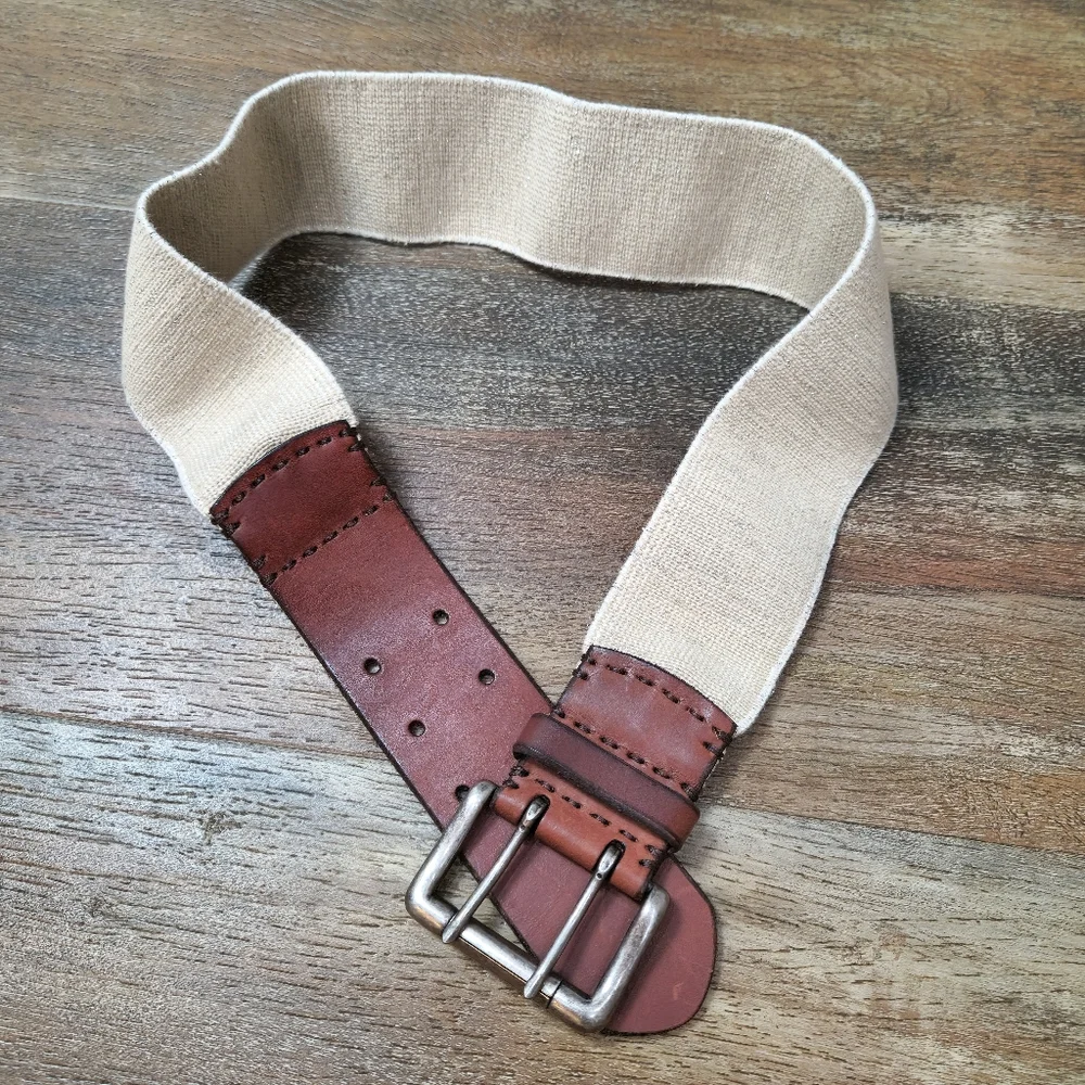 NWT$25 Stretch Belt Leather Brown Double Prong Nickel Buckle SZ L/XL